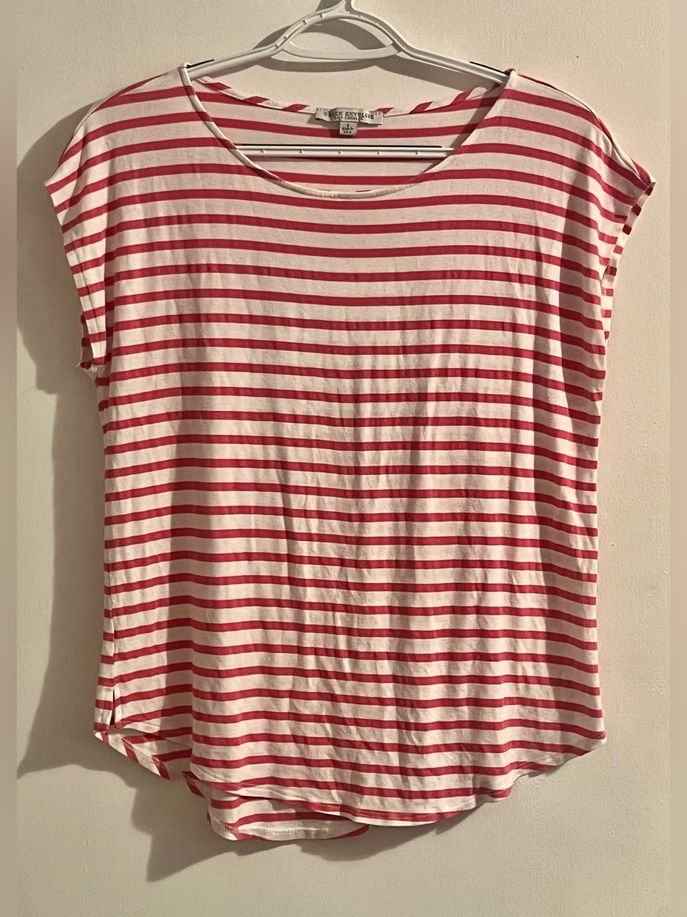 EUC Women’s Green Envelope Pink & White Striped Top ~ Size Large